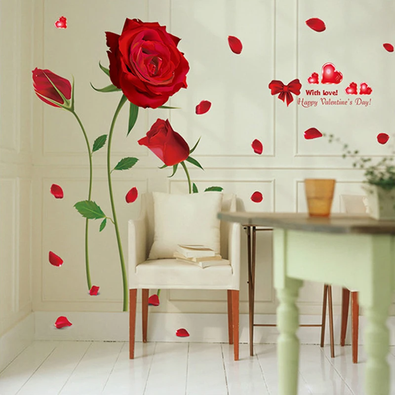 Modern Romantic Red Rose Sticker Wall Decorations Living Room Sweet