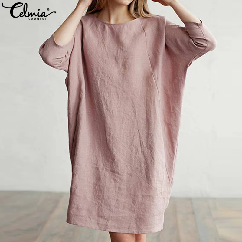 

2019 Celmia Summer Casual Dress Women Work Batwing Sleeve Soild Linen Shirt Dresses Long Top OL Sundress Sarafans Vestido Robe