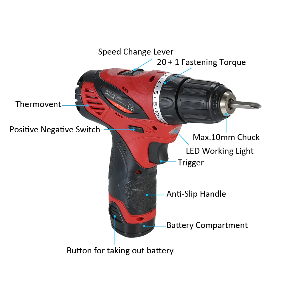 Моста, мульти-функциональное 12В электрическая дрель Перезаряжаемые Аккумуляторная дрель комплект 1500 мА/ч, литий-ионный аккумулятор