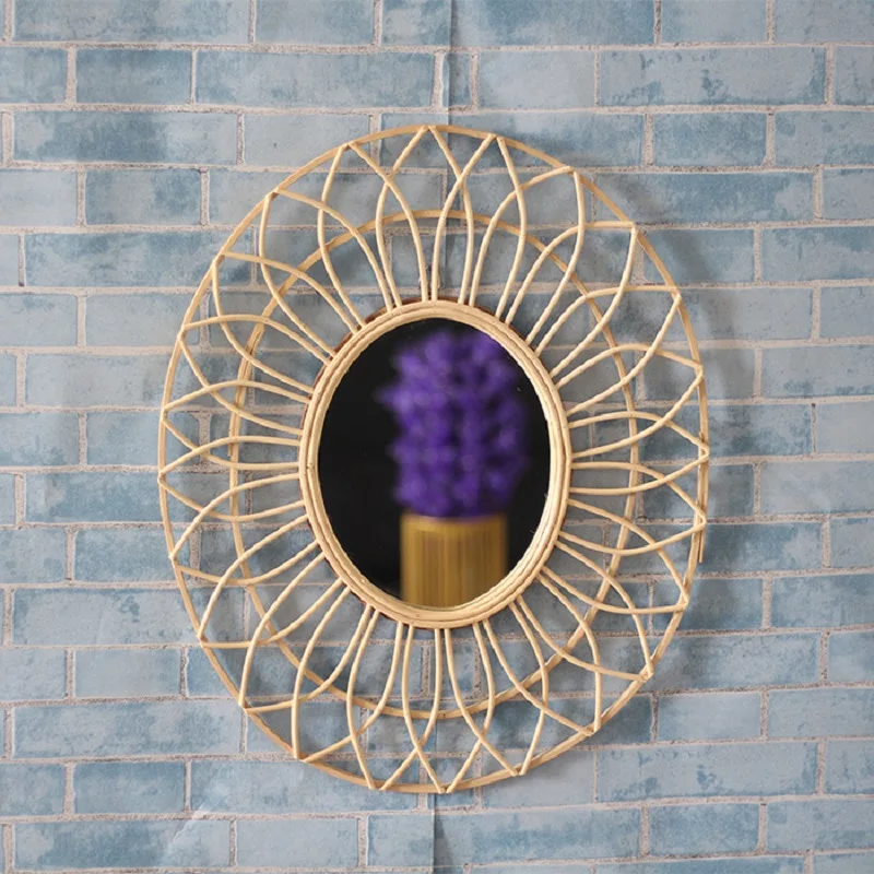 Espejo de bambú francés de los años 50 boho sunburst tocador espejo mediados de siglo colgante de pared starburst espejo decoración natural para el hogar