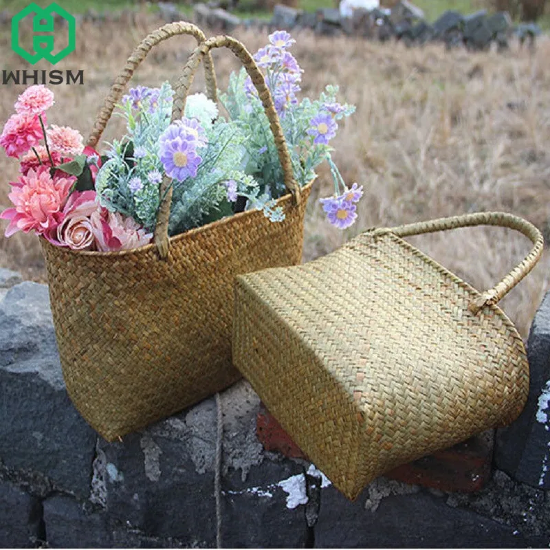 

WHISM Nature Straw Storage Bags Handmade Storage Box Women Handbag Womens Shoulder Bag Woven Storage Basket Seagrass Flower Bags