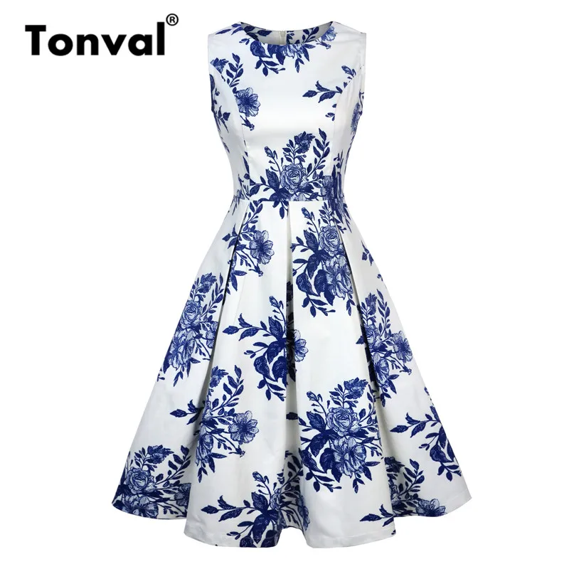 

Tonval White Pleated Casual Floral Vintage Summer Dress Women Elegant Blue Flower High Waist Midi Retro Dresses