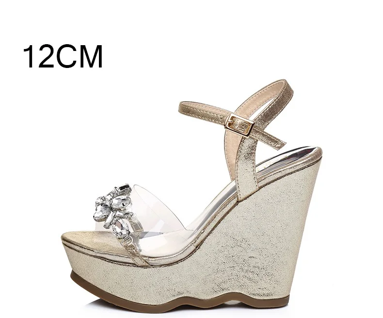 33_2016 New Gold Platform Wedges Sandals Female Summer Sandal Silver Heels Rhinestone Buckle Transparent Casual Shoes For Woman