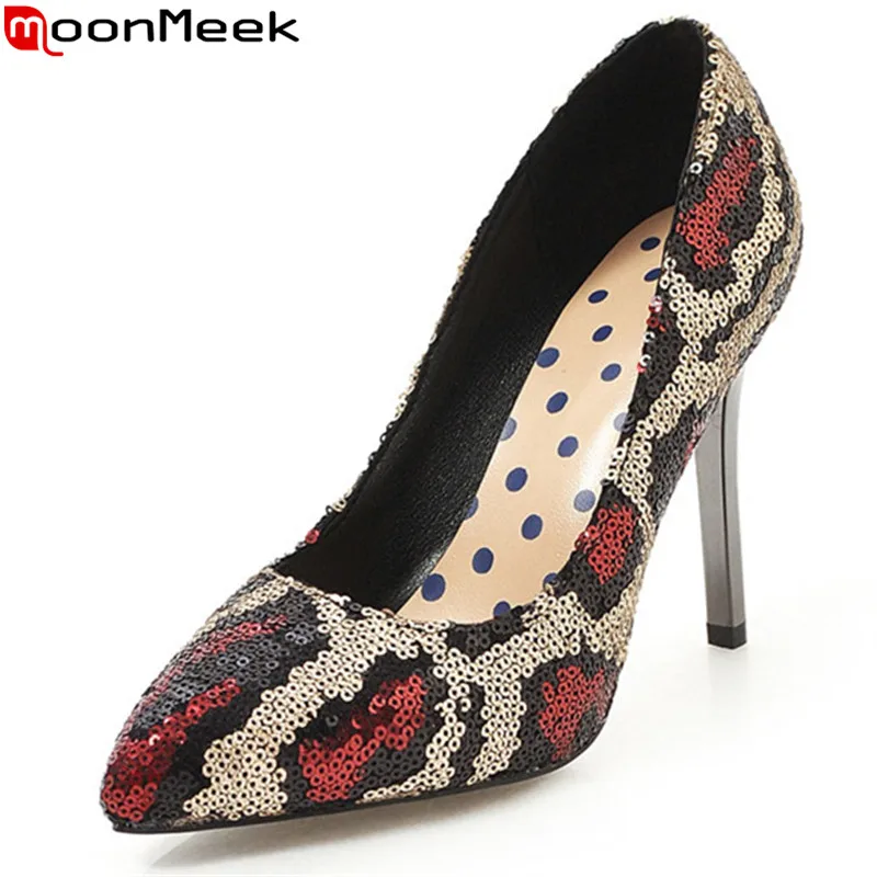 

MoonMeek 2019 women pumps fashion pointed toe shallow prom wedding shoes thin high heels shoes women bling elegant ladies shoes