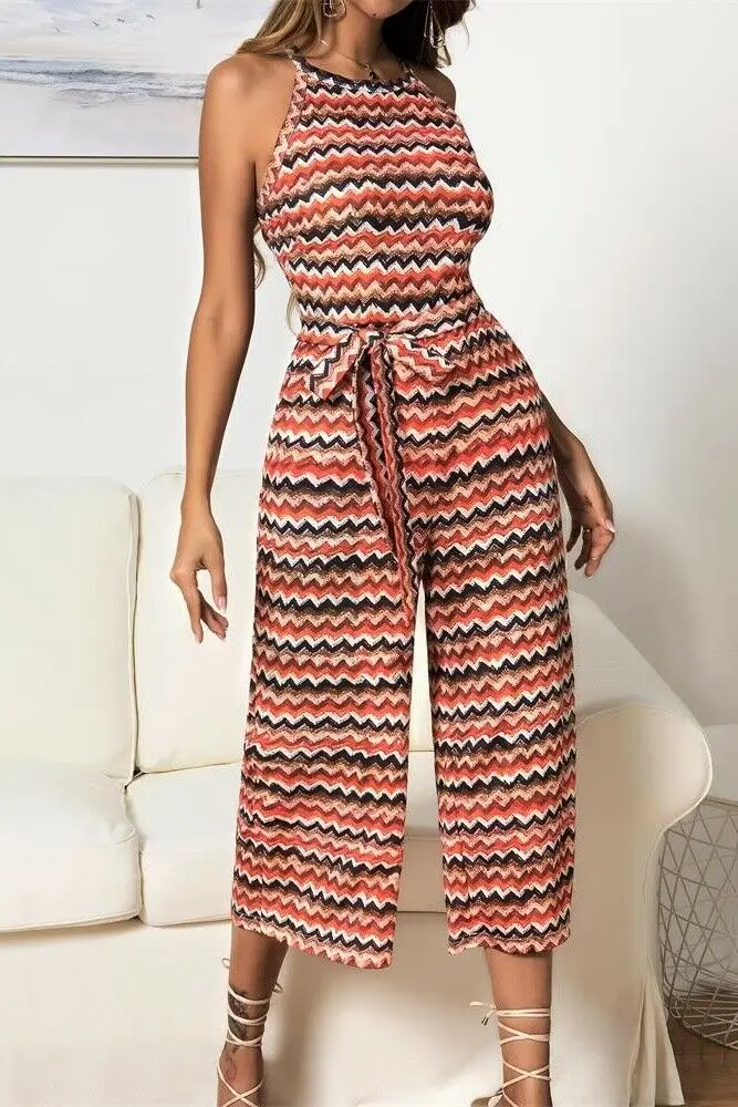 

Womens Summer Ethnic Striped Jumpsuit Sleeveless Bandage Playsuit Party Wide Leg Long Trousers Romper Backless Soft Clothes