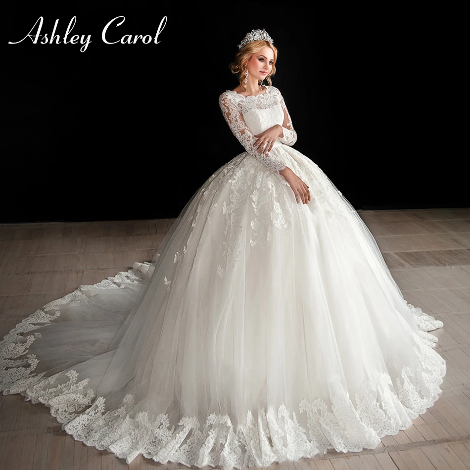 

Ashley Carol Fashion Scoop Long Sleeve Princess Ball Gown Wedding Dress 2019 New Vintage Bride Dress Tulle Luxury Wedding Gowns
