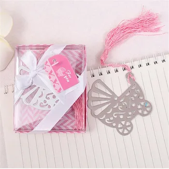 

100pcs Baby cart bookmarks Christening Baptism and Back To School gift pink and blue gift box wedding favor wen4555