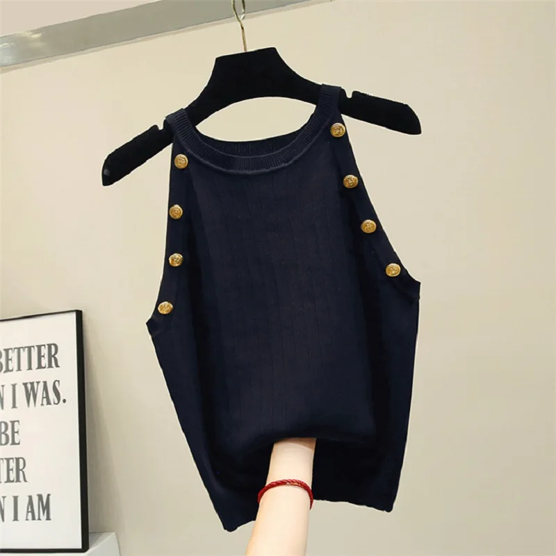 CBAFU summer knitting sleeve vest women tops gold button o neck elastic sweater black white women pullovers knitted tops P072 - Цвет: black