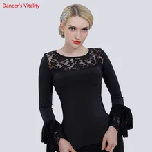 Женский топ для бальных танцев, сексуальный марлевый рукав с рюшами, тренировочная рубашка для занятий танцами, Женский взрослый костюм для латинского вальса