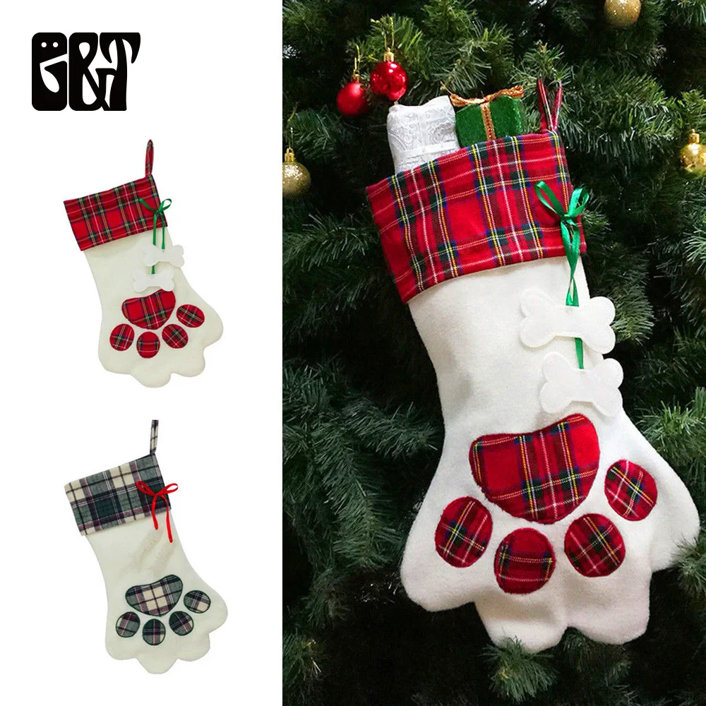 Pet Christmas Stocking Dog Cat Paw Large Plaid Christmas Gift Bag Pet