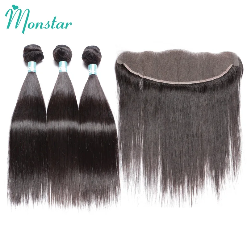 

Monstar 28 30 40 Inch Straight Human Hair Bundles With Frontal Remy Brazilian Hair Weave Bundles With 13x4 Lace Frontal Closure