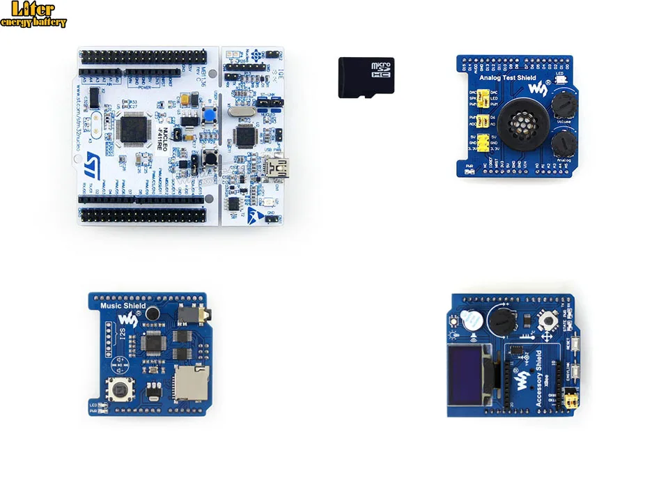 

NUCLEO-F411RE Package B =ST Original NUCLEO-F411RE,STM32F411RE MCU+ Accessory Shield +Analog Test Shield +Music Shield+ SD card