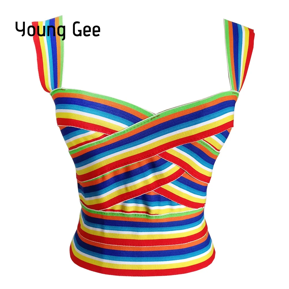 

YoungGee 2019 Summer Mini Sexy Tank Tops Sleeveless Rainbow Striped Must Have Women Bandage Crop Top Streetwear cropped feminino