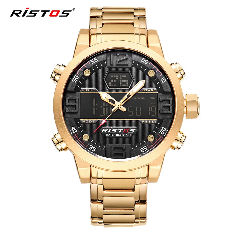 Модные многофункциональные стальные мужские спортивные часы с хронографом, цифровые водонепроницаемые наручные часы, новинка 9338 - Цвет: Gold