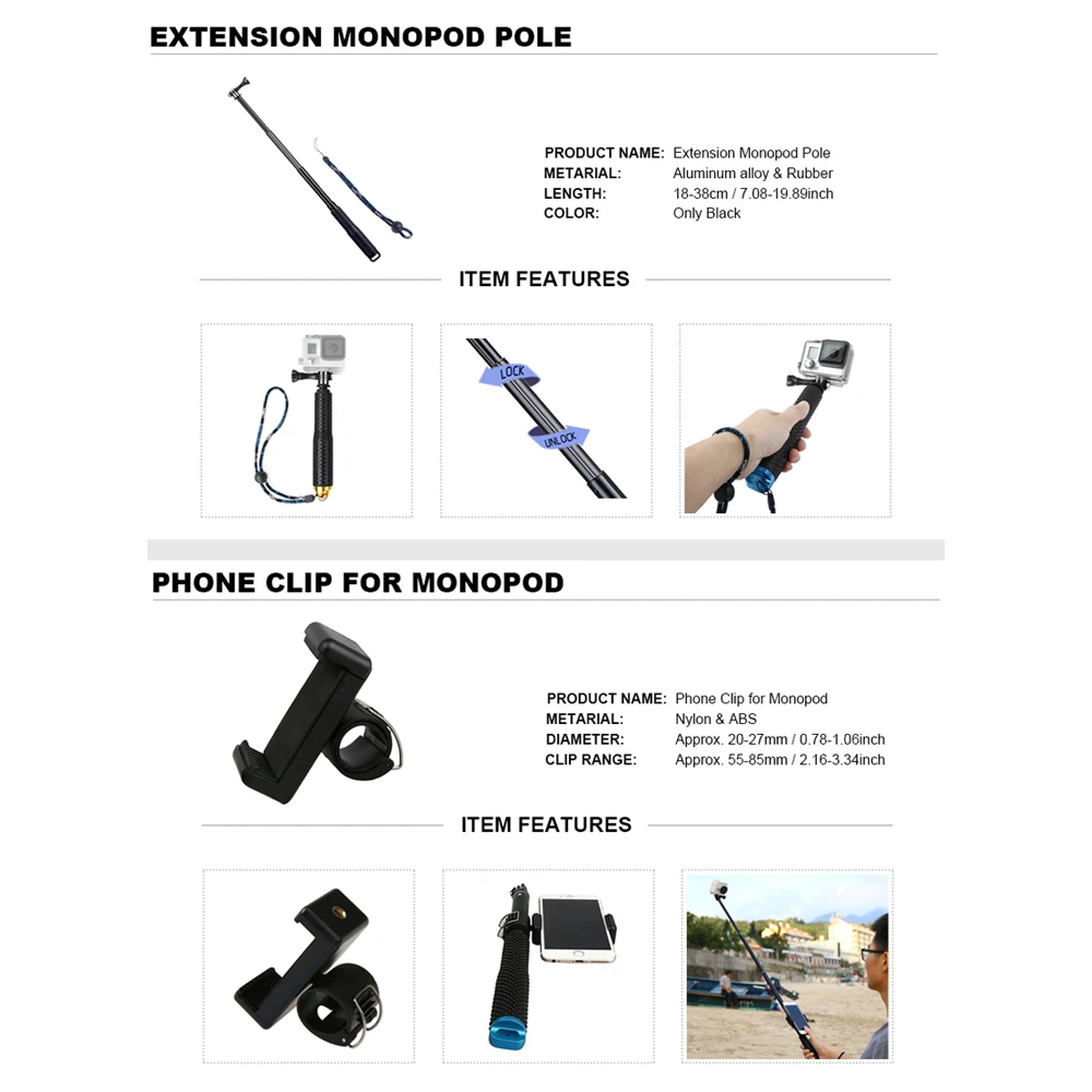 Para GoPro conjunto de accesorios para Go Pro Hero 7 6 5 4 3 kit trípode Selfie Stick adaptador de montaje para xiaomi Yi 4K Lite SJCAM SJ7 Eken H9 - 2