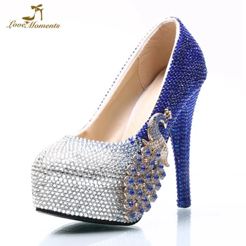 

Blue Color Rhinestone Wedding Dress Shoes Mix Color Cinderella Prom Pumps Custom Made Luxury Crystal Phoenix Women Pumps Size 43