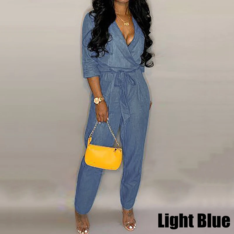 

VONDA 2019 Denim Rompers Womens Jumpsuit Summer Sexy V Neck Playsuit Office Ladies Plus Size Pants 2019 Casual Overalls Femme