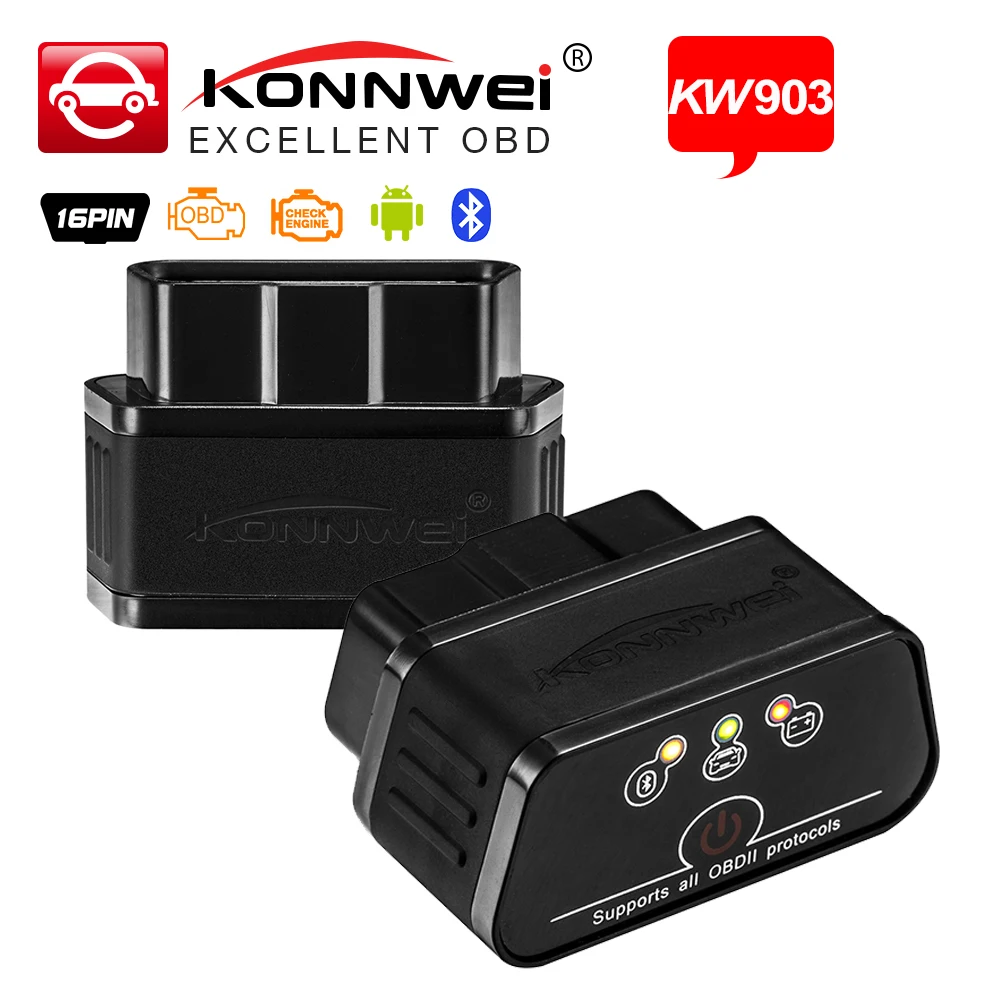 Konnwei KW903 Bluetooth 3,0 Для Android OBD2 сканер кода как ELM327 Bluetooth Автомобильный сканер obdii диагностический инструмент