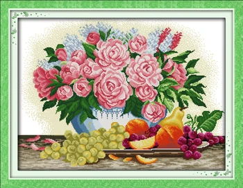 

Peony & fruits counted printed on fabric DMC 14CT 11CT Cross Stitch kitsembroidery needlework Sets Home Decor