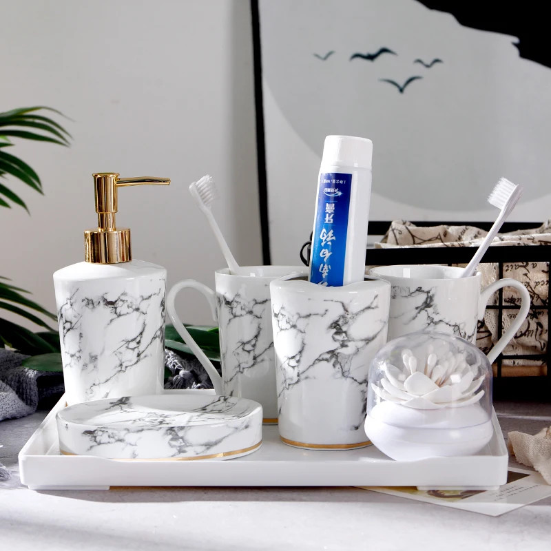 

6pcs/set Imitation marble ceramics Bathroom Accessories Set Soap Dispenser/Toothbrush Holder/Tumbler/Soap Dish Bathroom Products