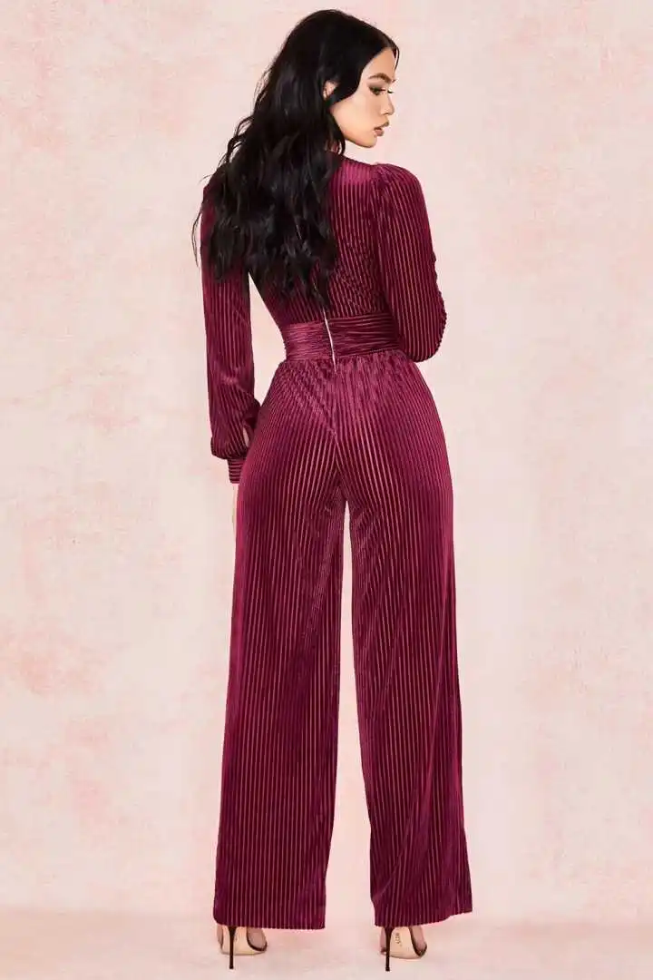 High Quality Wine Long Sleeve V-neck Full Length Fashion Jumpsuit Club Party Jumpsuit (1)