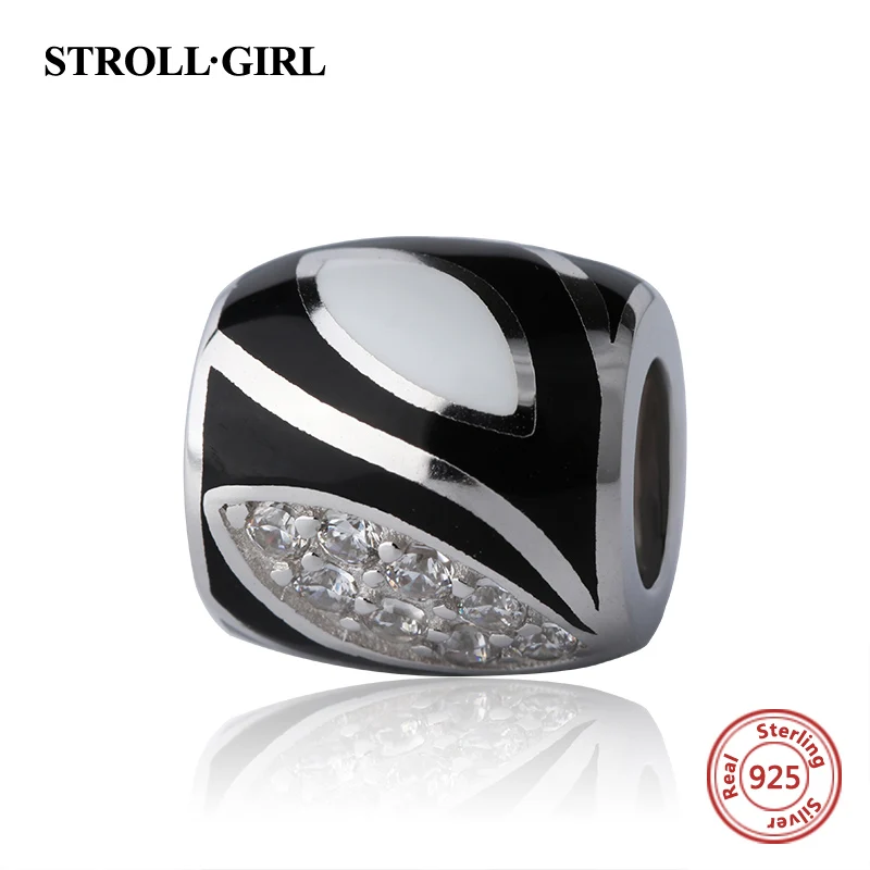 StrollGirl high polish black&white charms with CZ 925 silver vintage beads fit original pandora bracelet jewelry making men gift