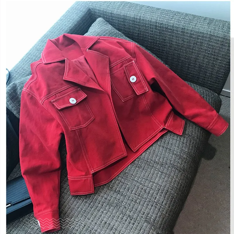 

2019 Spring Women Long Sleeve Denim Jacket Vintage Cropped Jeans Coat Loose Short Red Denim Tops