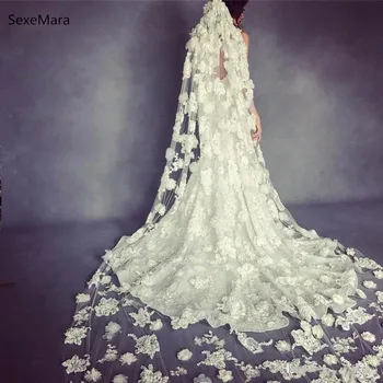 

New Lace Bridal Veils Cathedral Length Long 3D Floral Appliqued Ivory/White Wedding Veils With Free Comb