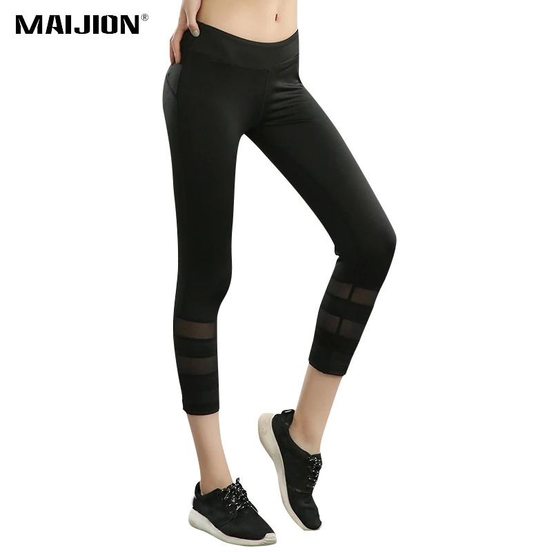 

MAIJION Women Mesh Patchwork Yoga Pants Quick Dry Breathable Sport Cropped Pants Elastic Slim Fitness Running Jogging Leggings