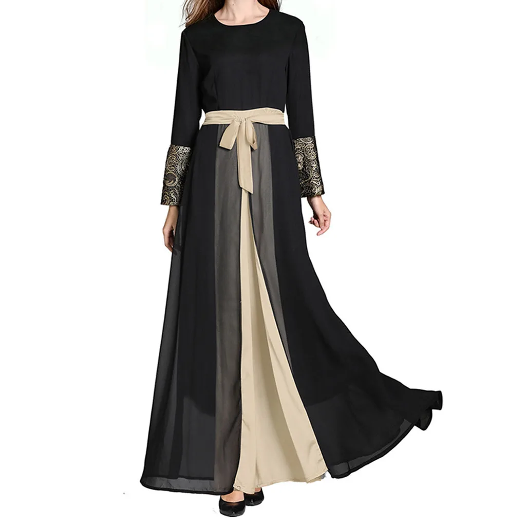 

long abaya dress Casual Muslim dress women Middle East Maxi Dress Trumpet Sleeve Abaya Long Robe Gowns Tunic Belt T410