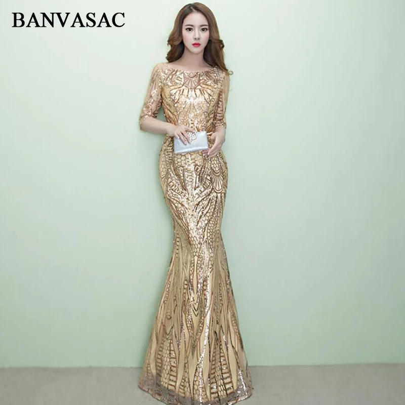 

BANVASAC O Neck Sequined Leaf Sash Mermaid Long Evening Dresses 2018 Vintage Lace Half Sleeve Party Prom Gowns