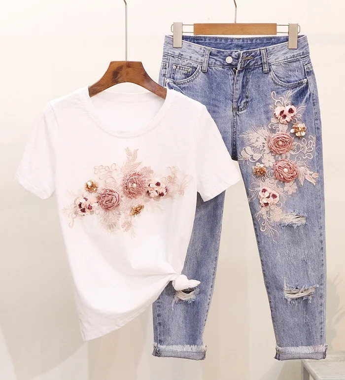 L&Y Heavy Work Embroidery Flower T shirts + Jeans Women Set Fashion Suits Set Vogue Stylish European Summer 2 Piece Sets L&Y Heavy Work Embroidery Flower T shirts + Jeans Women Set Fashion Suits Set Vogue Stylish European Summer 2 Piece Sets