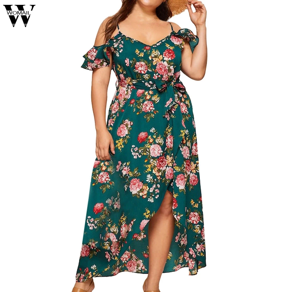 

Womail 2019 Fashion Women Ladies Plus Size Dress Cold Should Camis Print Short Sleeve Slit Bandage V-neck Dress JUNE24 Vestido