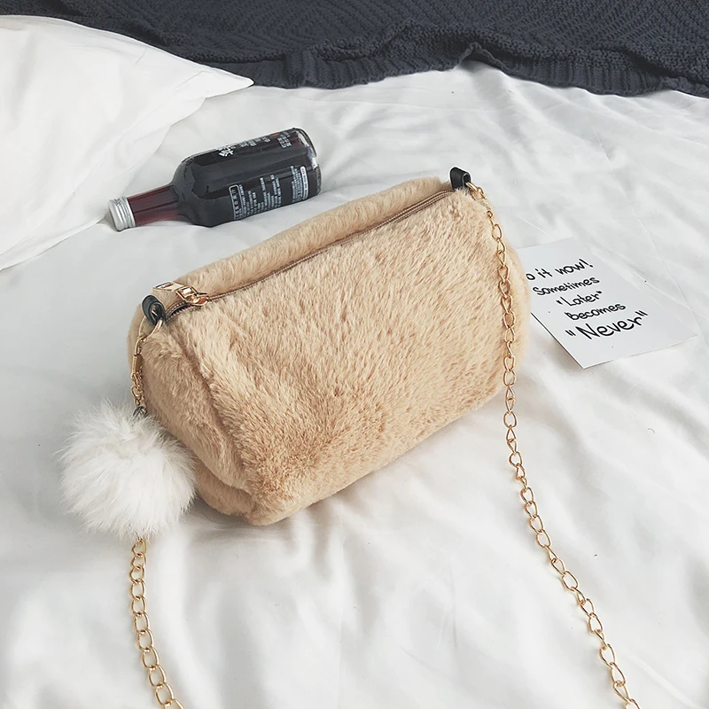 Hot Barrel Shaped Bag Velour Female Chain Handbag Fur Ball Women Purse Crossbody Messenger Shoulder Bags Sac A Main mujer bolsaIMG_5230