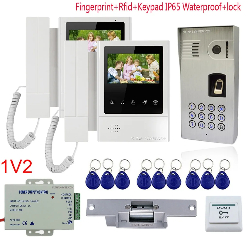 

Fingerprint Video Intercom For A Private House IP65 Waterproof Rfid Card Videophone 4.3"Color Monitor Handle&Hands-free 2 Units