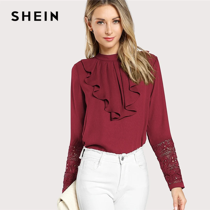 SHEIN Burgundy Elegant Ruffle Pleated Contrast Lace Button Stand Collar ...