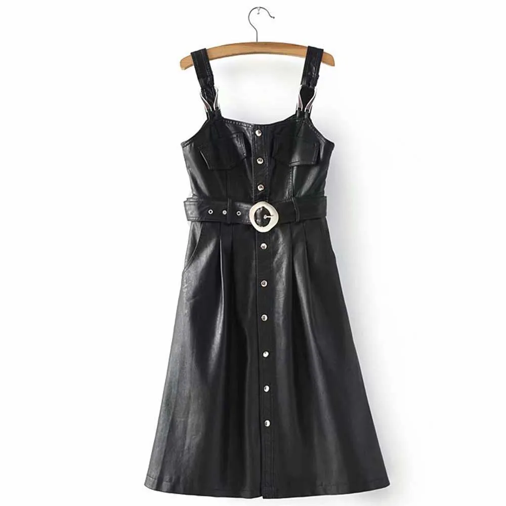 Buy FIRSTTO Vintage Metal Buttons PU Leather Overalls