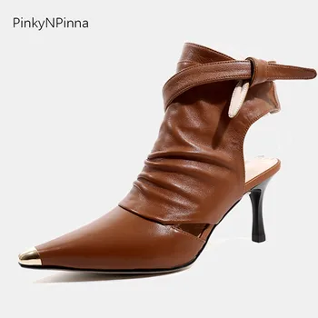 

2019 women fashion summer ankle boots sandals full genuine leather soft top quality sheepskin metallic pointed toe high heels