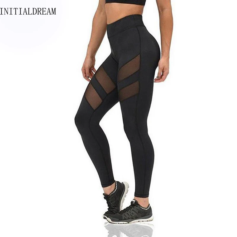 INITIALDREAM جديد الرياضية طماق النساء يوكا السراويل اللياقة البدنية شبكة يوكا مرونة السيدات الرياضية leggins تجريب السراويل