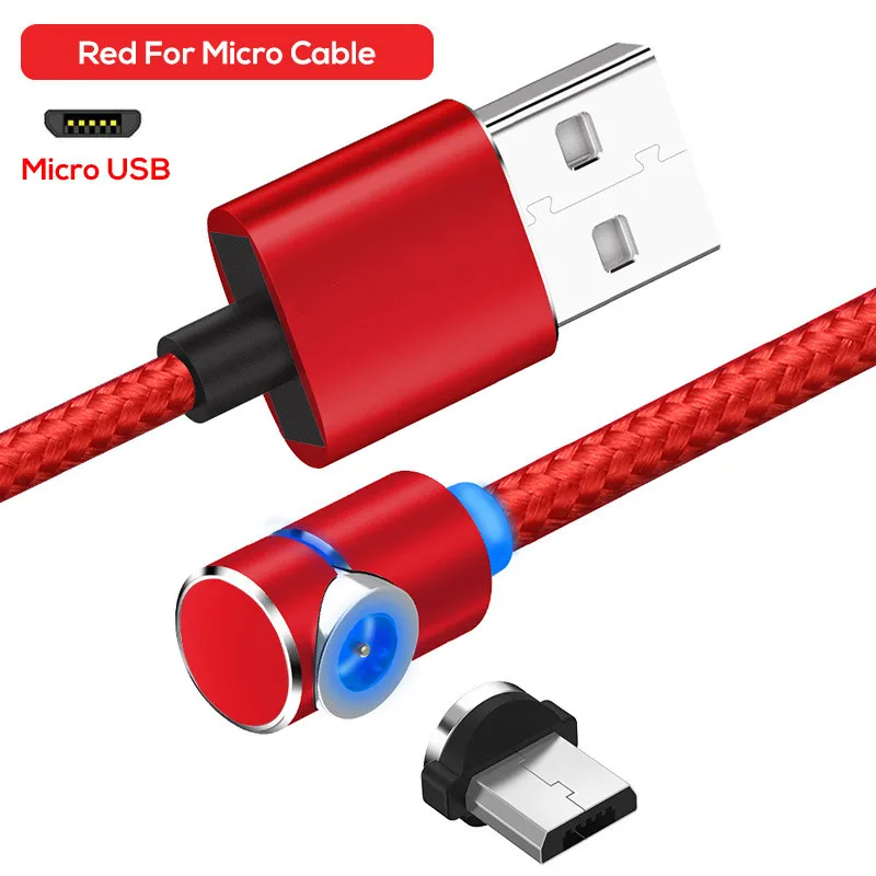 Магнитный Micro USB кабель 90 градусов 1 м 2 м Быстрая зарядка Магнето зарядное устройство Шнур для xiaomi samsung lg htc android мобильный телефон кабель - Цвет: For Micro Red