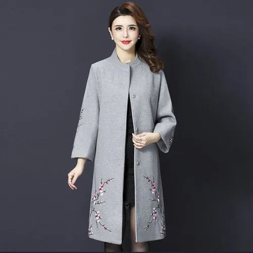 

high Quality Wool Coat New Autumn Winter Women Stand Collar Exquisite Embroidered Designs Female Work Wear Gray Fashion Clothes