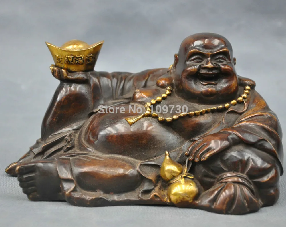 

002207 10'' China Bronze Buddhism Happy Maitreya Buddha Hold ingot Statue Figurine