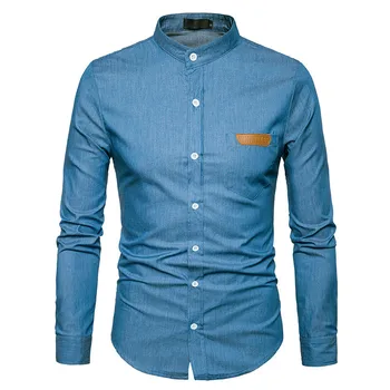 

Brand Fashion Denim Shirts Men Slimming Pocket Patchwork Shirts Long Sleeve Henry Collar Shirts Business Classic Top EU/US size
