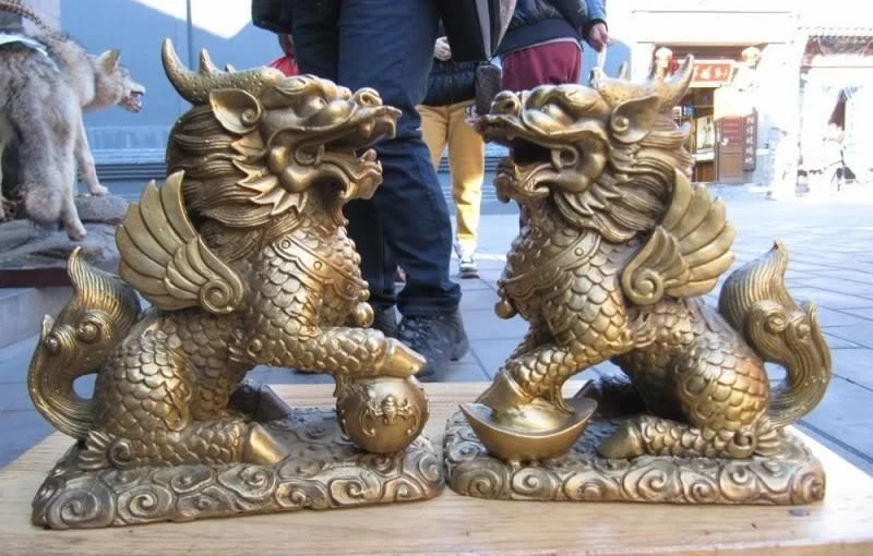 7 Китай Королевский чистый латунь изысканный Бог Кайлин Лев чудовище одна пара