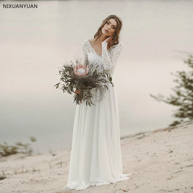 

2019 Beach Wedding Dress Long Sleeve Boho V Neck Open Back Bridal Dresses Chiffon Lace Chiffon Wedding Gown