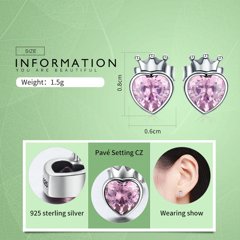Женские серьги гвоздики из серебра 925 пробы с розовым сердцем|925 sterling|earrings heartheart