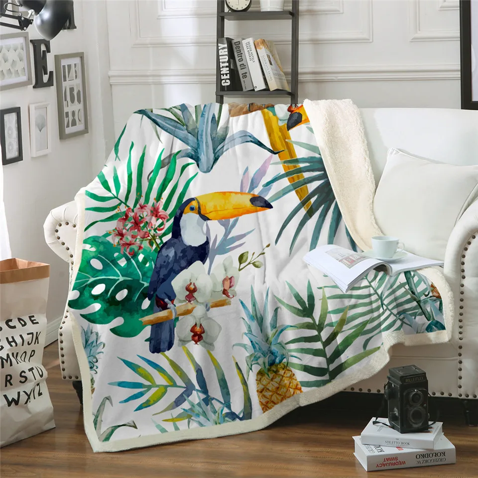 BeddingOutlet-Toucan-Birds-Sherpa-Blanket-for-Beds-Tropical-Plant-Velvet-Plush-Throw-Blanket-Pineapple-Bedspread-1pc