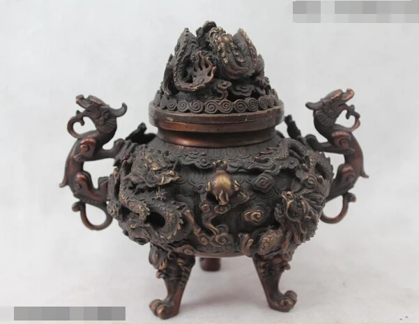 

7"Marked Chinese Dynasty Bronze Nine Dragon Handle Lion Incense Burner Censer 06.08