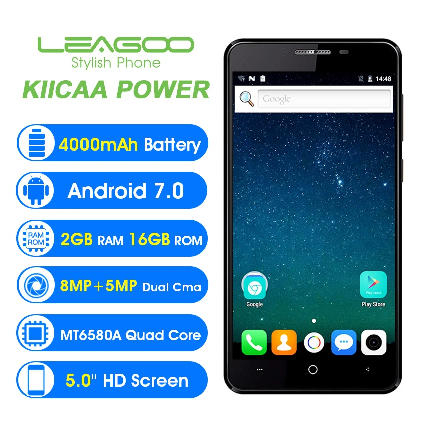 LEAGOO KIICAA мощность 5 0 дюймов мобильный телефон Android 7 MT6580A 4 ядра 2 Гб 16 двойной камера
