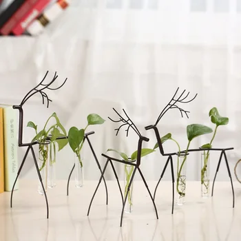 

New Fashion Deer Shape Creative Flower Pot Hydroponics Glass Vase Container with Metal Stand Home & Desk Decor Metal Craft